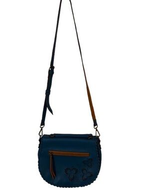 The Pioneer Woman Teal Laser-Cut Floral Crossbody Bag- Boho Whipstitch Detail
